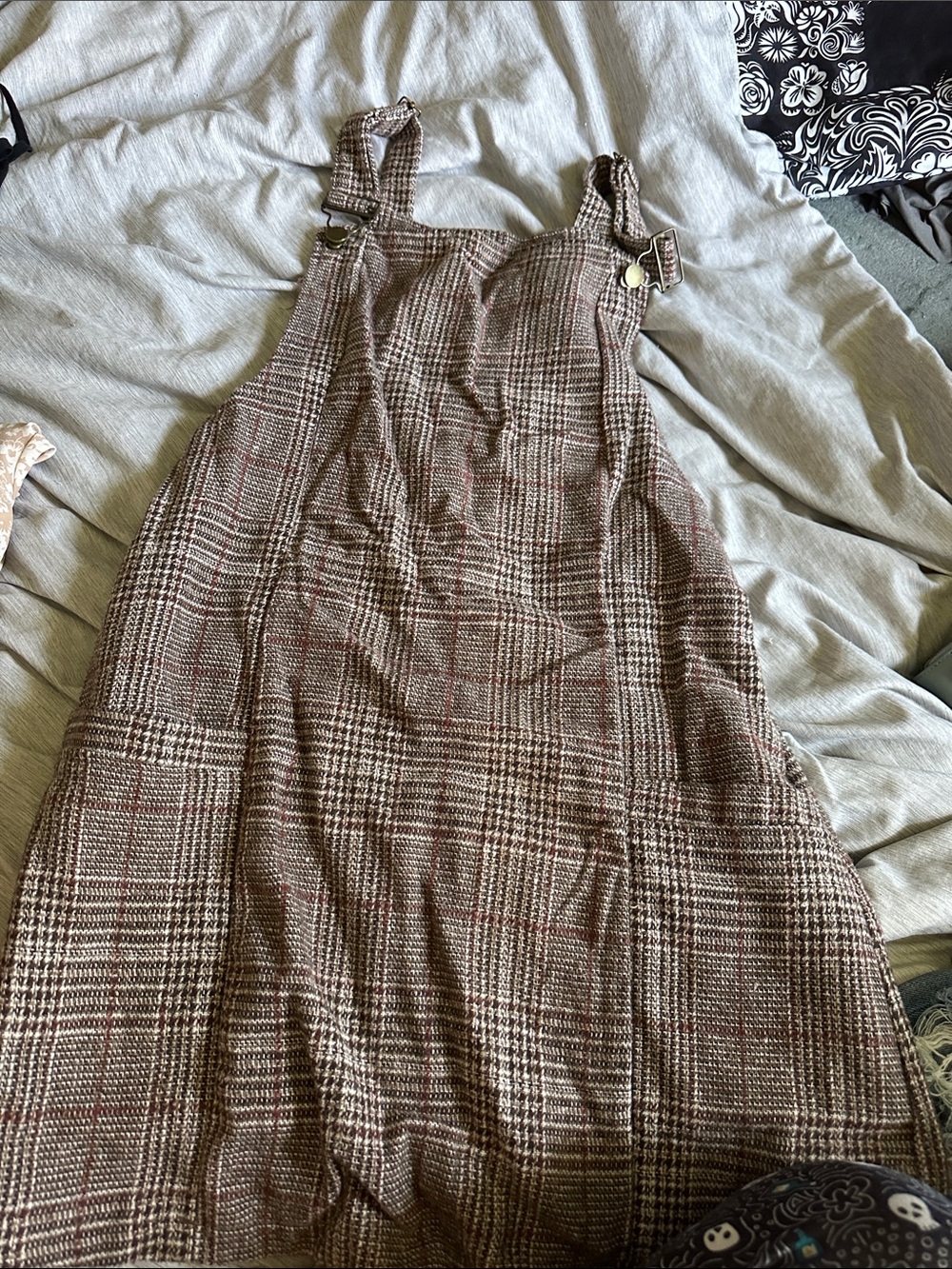 SHEIN Brown Plaid Pinafore Dress with Buckle Straps